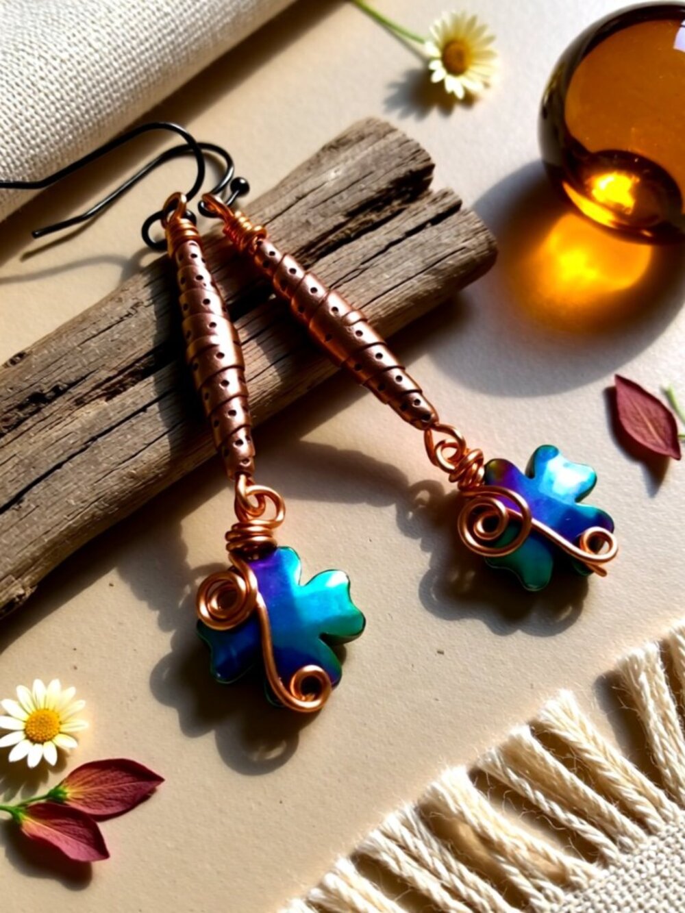 Blue Green Purple Hues! 4 Leaf Clover Dangle Earrings! Positive Vibes & GoodLuck